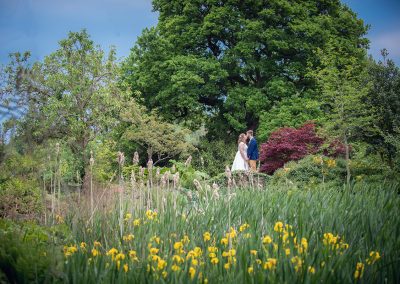 Bride and groom in a field of yellow iris